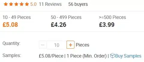 Alibaba bulk order pricing tiers showing per piece cost based on quantity purchased.