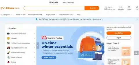 Alibaba website homepage banner promoting on-time delivery of winter essentials.