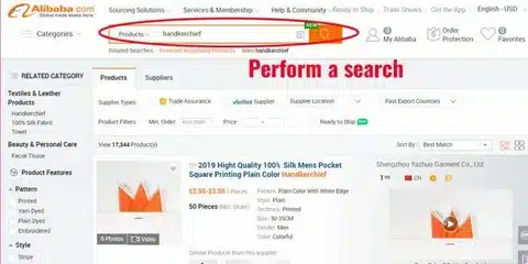 Alibaba search results showing suppliers and product listings for silk handkerchiefs.