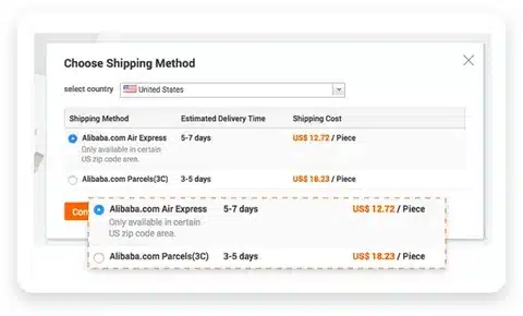 Alibaba shipping method selection showing air express and parcel costs to the United States.