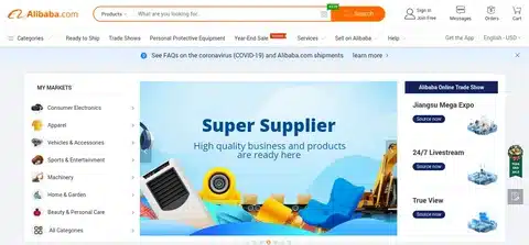 Alibaba homepage highlighting super supplier program for reliable sourcing.