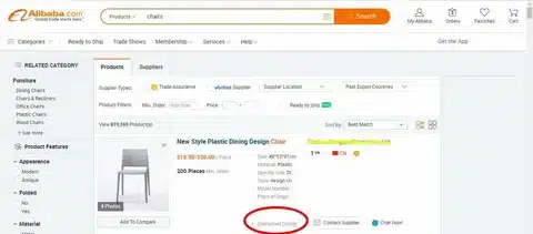 Example of Alibaba supplier product page showing chair details, pricing, and sponsored listing.