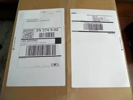UPS Ground and shipping label attached to a carton representing multi-label setup used for Amazon FBA shipments