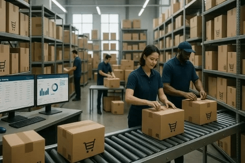 Warehouse team packing DTC fulfillment orders on an automated conveyor line.