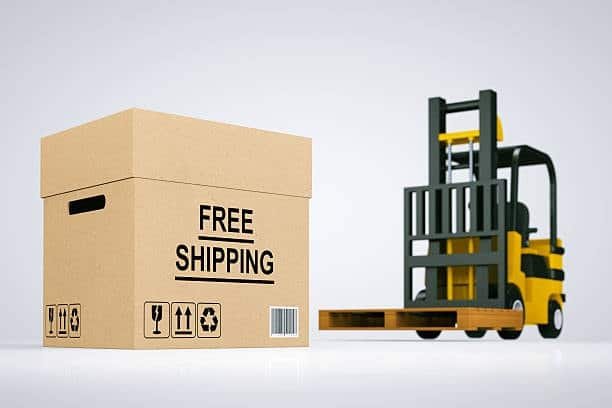 CFR cost and freight concept showing shipping box and forklift logistics