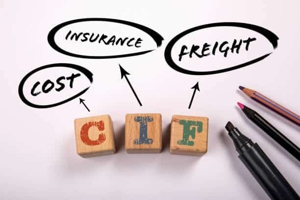 CIF concept shown with cost, insurance, and freight labeled above wooden blocks.