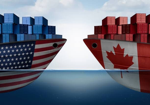 US and Canada cargo ships facing each other representing bilateral trade and cross-border freight shipping