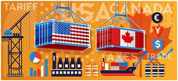 Illustration of US and Canada trade containers with tariffs, taxes and currency symbols representing cross-border shipping duties