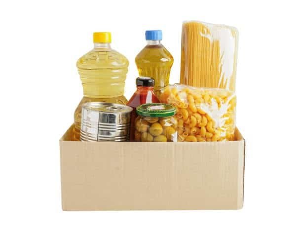 perishable and non perishable food items in box prepared for shipment