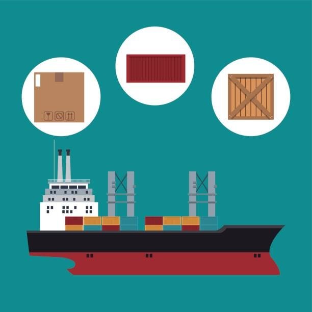 Container ship with icons of various cargo packaging methods used in international shipping under Incoterms such as DPU.