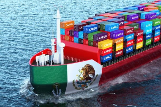Import from Mexico represented by container ship with Mexico flag sailing at sea.