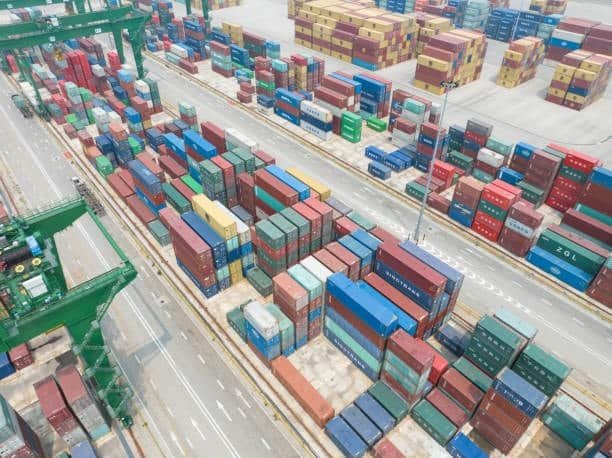 Aerial view of large China shipping port used for express freight services