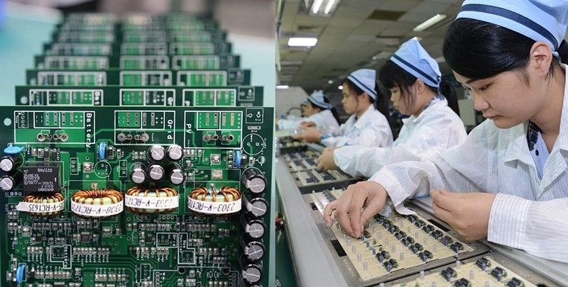 Electronics factory in China with workers assembling PCB boards, showing why verifying Chinese suppliers and their production lines is essential