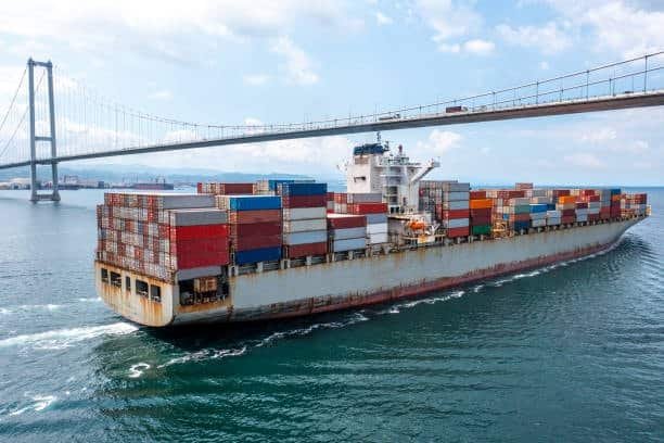 Container vessel sailing under large bridge with stacked containers, representing global shipping and port drayage.