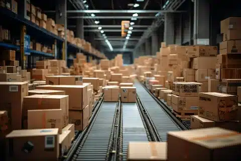 “Packages moving on conveyor system in order fulfillment warehouse ready for sorting”