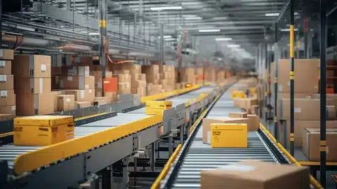 “Packages moving along conveyor belt in large fulfillment center for shipping orders”
