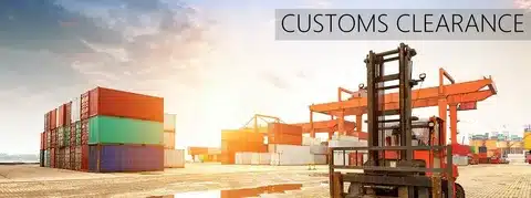 Large shipping containers stacked at a seaport with customs clearance overlay for import duty processing