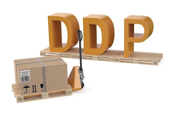 Pallet and boxed goods with DDP letters representing Delivered Duty Paid obligations in contrast with DPU unloading terms.