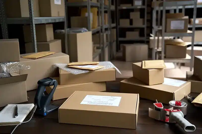 Packing materials and labeled parcels prepared for DTC fulfillment shipping inside a warehouse.