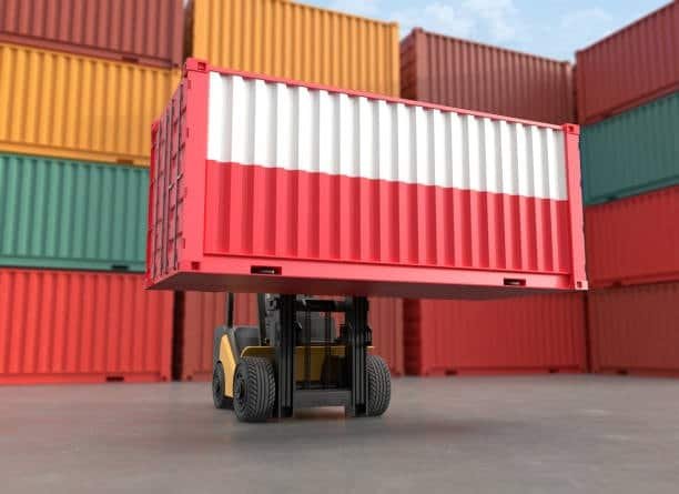 “Forklift moving red container representing full container load handling at port”