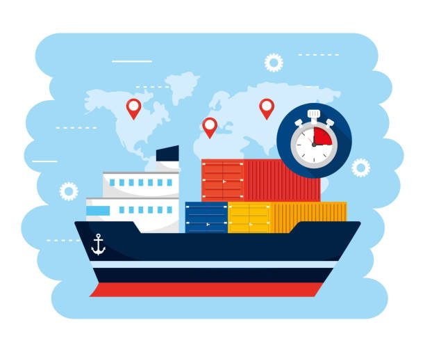 Container vessel with global shipping route icons representing delivery and unloading responsibilities under DPU Incoterms.