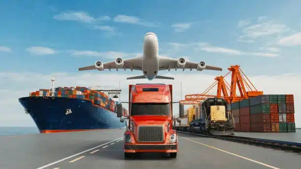 Logistics and supply chain illustration showing sea, air, road, and rail shipping.