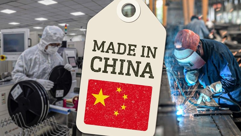 Made in China label over Chinese factory workers symbolizing how to verify Chinese suppliers before sourcing products