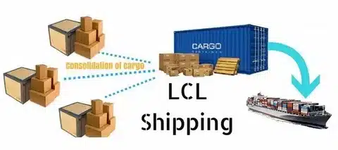 Illustration of LCL shipping with multiple smaller shipments consolidated into one container for ocean freight.