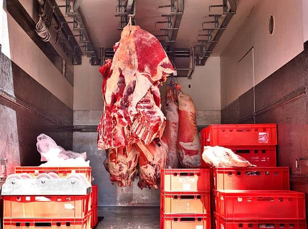 hanging beef and packaged meat in cold storage for perishable food shipping