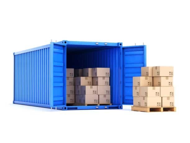 “Open blue container showing cartons packed for FCL full container load shipment”