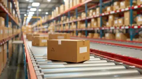 Single parcel on conveyor in warehouse