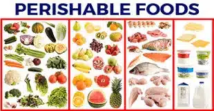 infographic showing examples of perishable foods like fruits vegetables dairy and meat