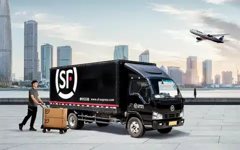 SF Express to USA truck and airplane representing international logistics.