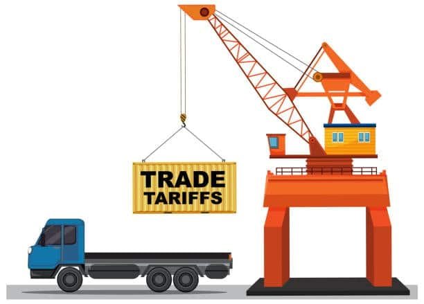 Illustration of a crane loading a container labeled “Trade Tariffs” onto a transport truck.