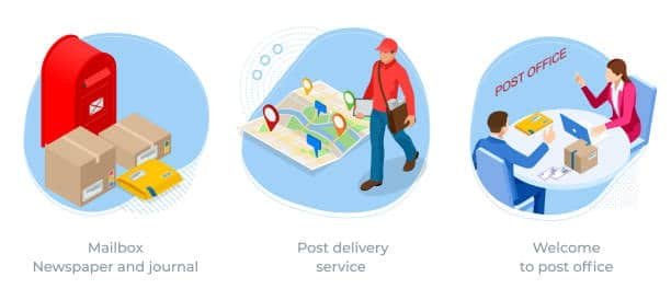 USPS postal service illustration with mailbox, courier, and post office.