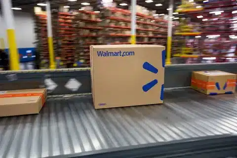 Walmart fulfillment box moving through the warehouse conveyor system.