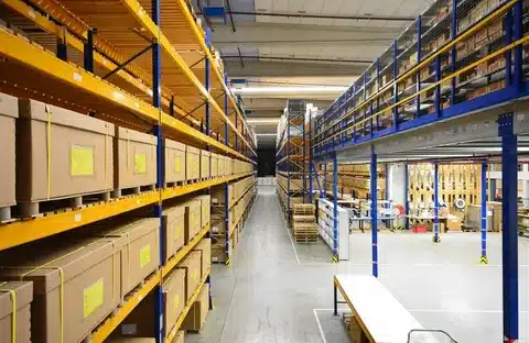 “Warehouse storage shelves stacked with cartons for inventory management in order fulfillment process”