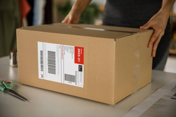 Person delivering Amazon boxes and padded mailer to customer doorstep