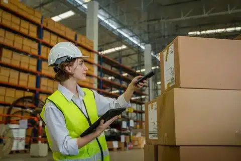 Fulfillment center employee using barcode scanner for order tracking.