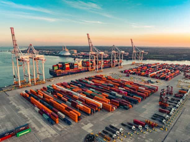 Large container port with cranes and stacked freight containers supporting CFS import and export procedures.