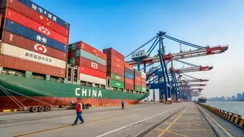 Chinese port with cranes loading containers onto a cargo vessel bound for Switzerland.