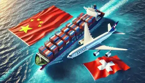 Illustration of cargo vessel and Swiss aircraft moving between China and Switzerland for international freight.