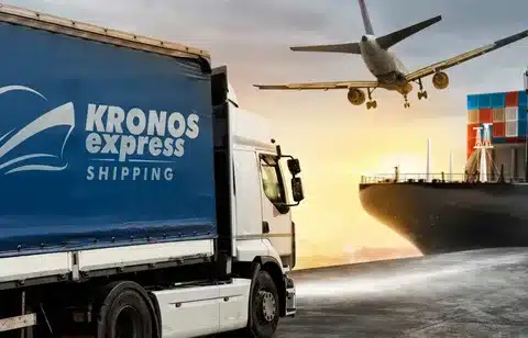 Truck, aircraft, and container ship representing multimodal logistics solutions for shipping from China to Switzerland.