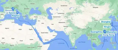 Map showing sea shipping route from Shanghai, Ningbo, Shenzhen, and Guangzhou to Genoa, La Spezia, and Naples for Switzerland-bound cargo.