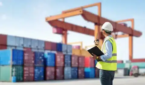 A customs officer managing shipping container clearance in a large port facility.