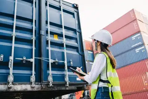 A customs compliance worker inspecting a sealed export container and recording documentation.