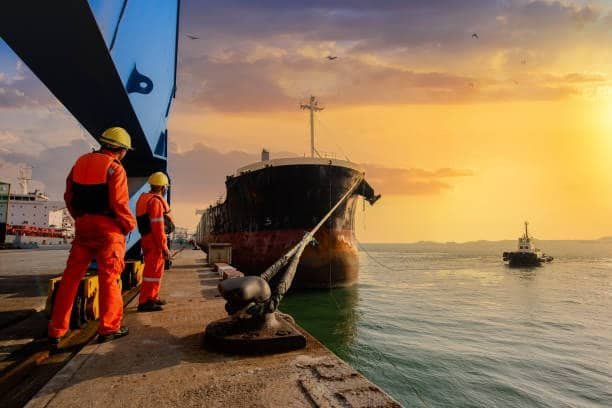 Dock workers monitoring cargo vessel showing FOB shipping handover.