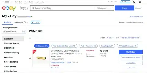 eBay account dashboard showing order activity and shipment tracking details.