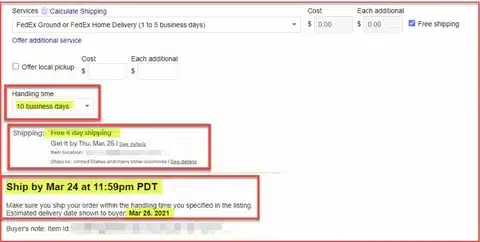 Screenshot highlighting eBay seller handling time, shipping method, and dispatch deadline.