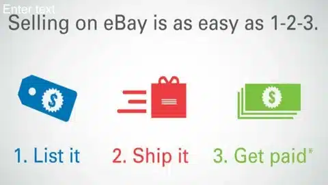 Graphic showing the three main steps for eBay sellers: listing, shipping, and getting paid.